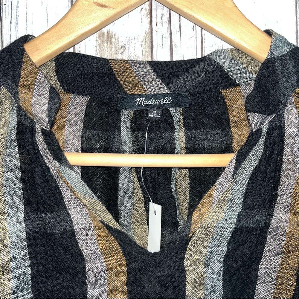 Madewell Highroad Popover Top Black Tan Stripe NWT Size M Lightweight Blouse - Picture 5 of 6